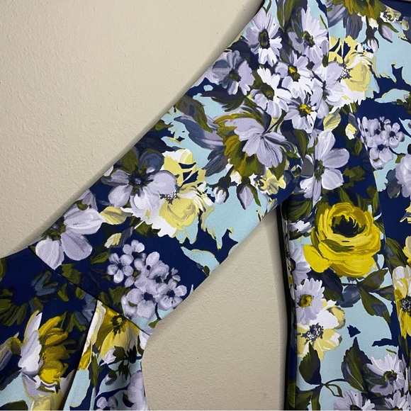 Nine West Shift Dress Size 10 Navy Blue Yellow Floral Boho Flared Sleeve Lined - Picture 4 of 9
